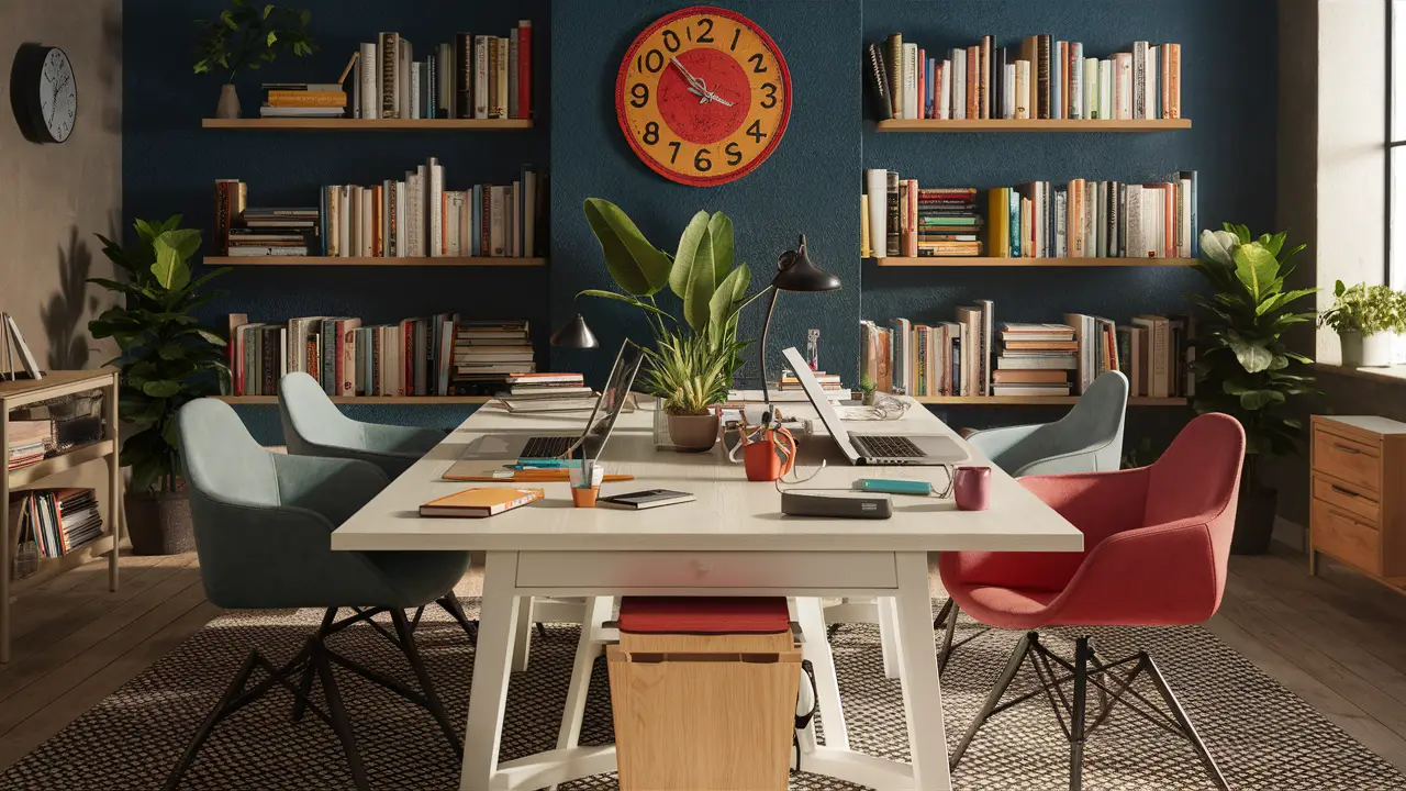 Escritório com mesa central de madeira, laptop, tablet, cadernos e cadeiras de couro preto.