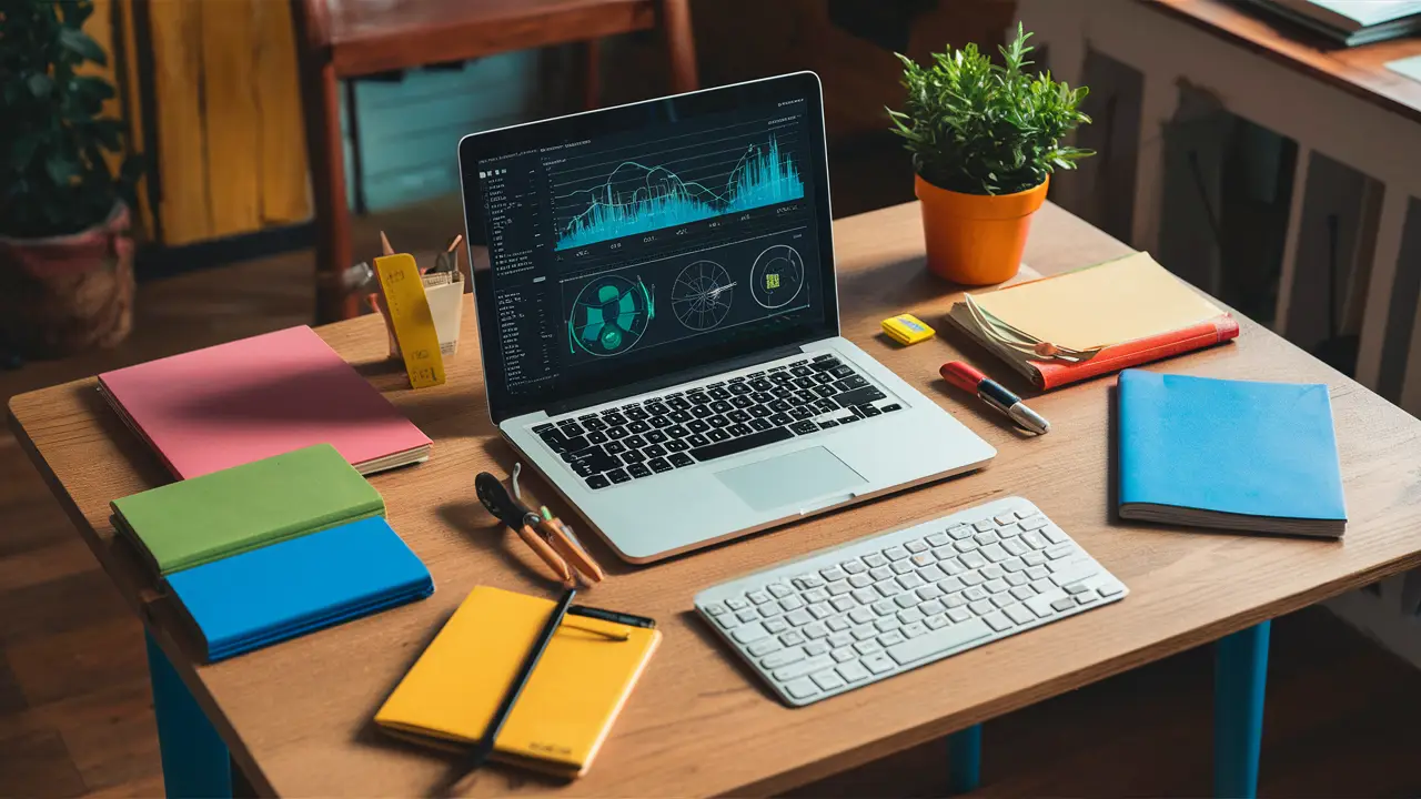 Mesa de trabalho com laptop, cadernos coloridos e caneta azul sob luz natural.