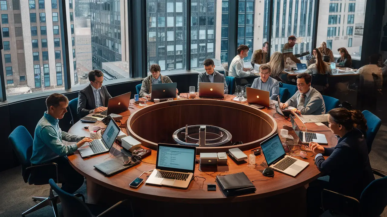 Colaboradores em um escritório moderno trabalham em torno de uma mesa circular de madeira com laptops e gadgets digitais.