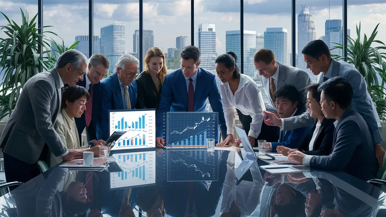 Profissionais analisam gráficos digitais em mesa de conferência moderna com janela e skyline ao fundo.