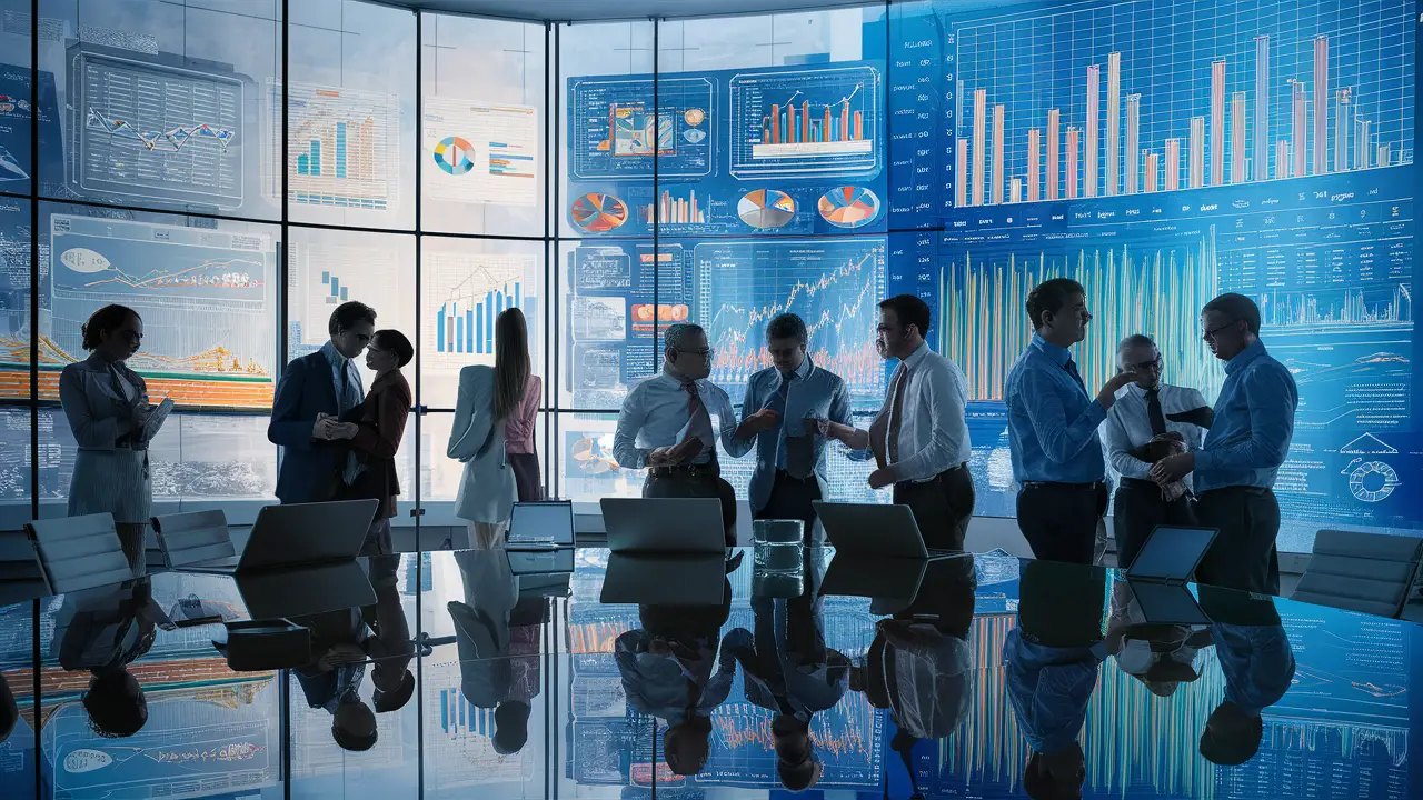 Profissionais discutindo gráficos coloridos em tela digital em um escritório moderno.