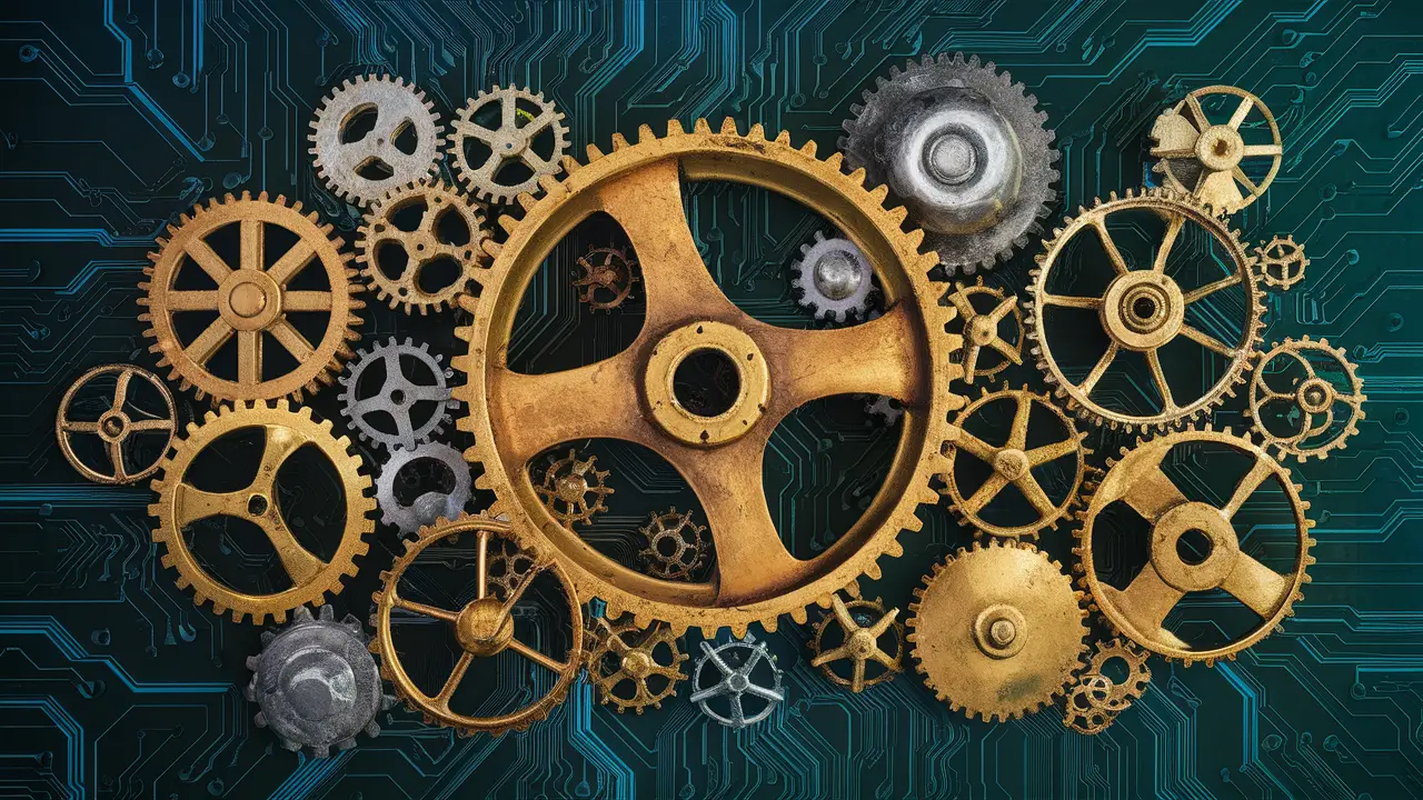 Engrenagens interconectadas de latão e aço sobre padrão de circuitos digitais azul e verde.
