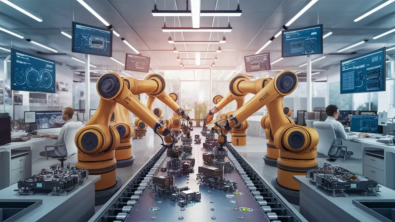 Robotic arms assembling electronics on a conveyor belt in a modern office with digital screens showing process flows.