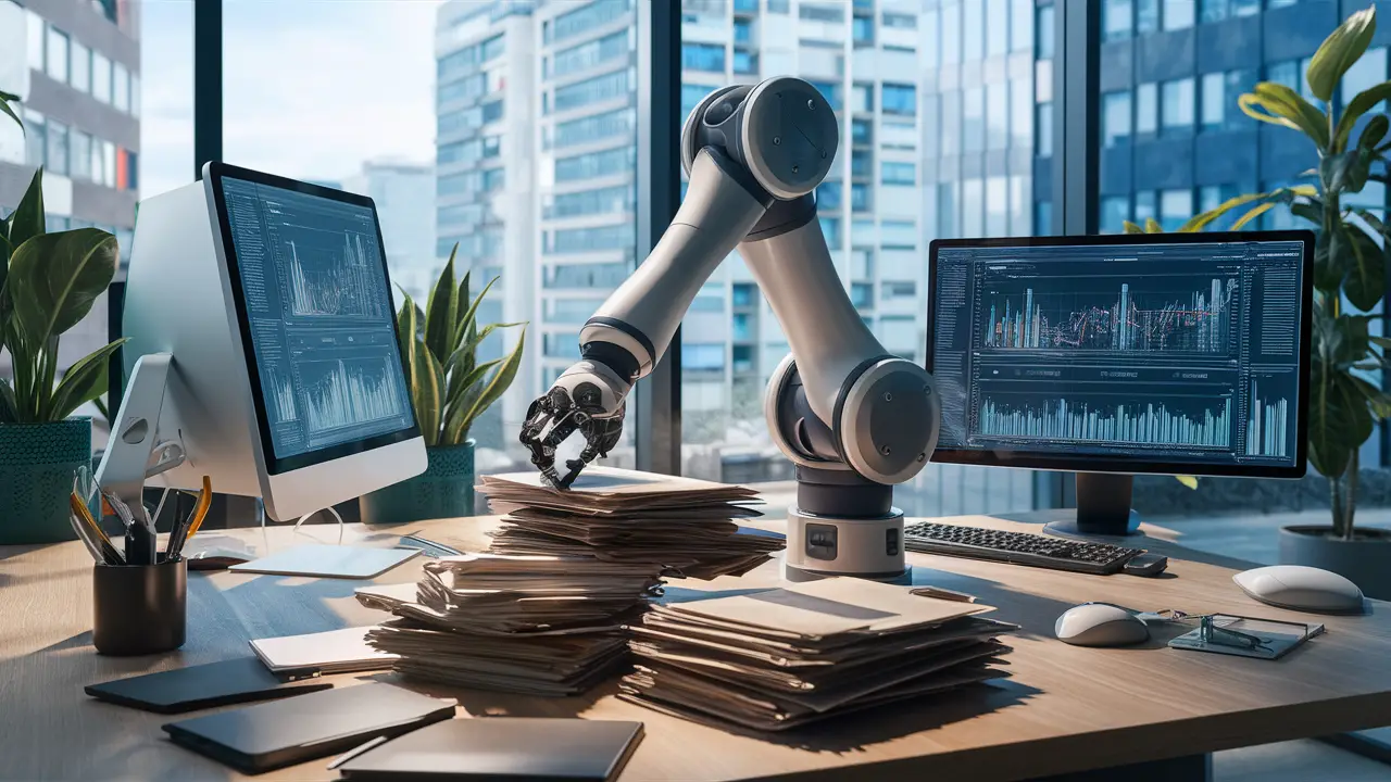 Ambiente de escritório moderno com braço robótico organizando arquivos em frente a computador com gráficos.