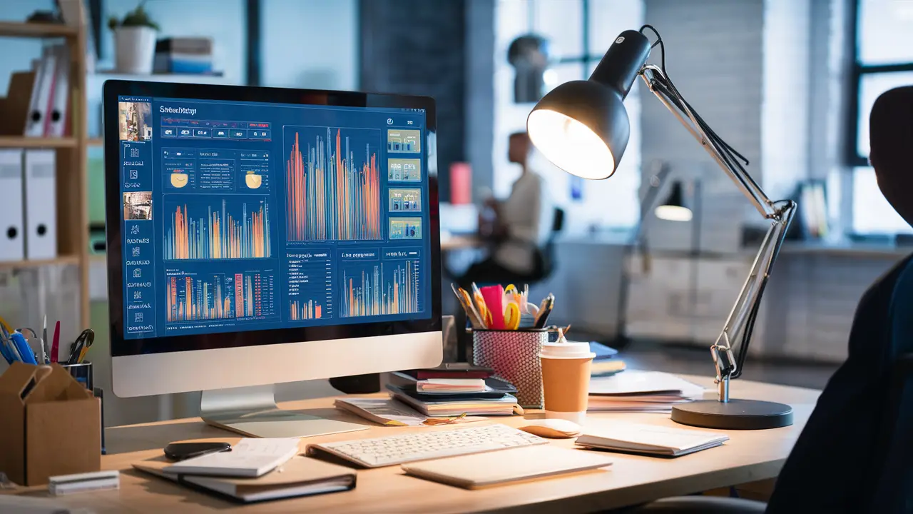 Tela de computador com painel ERP em uma mesa de escritório organizada com itens de papelaria e xícara de café.