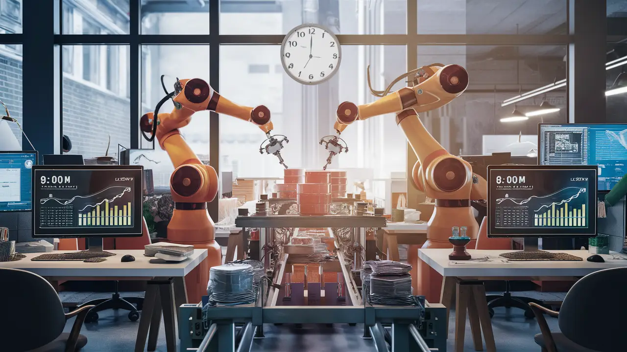 Ambiente de escritório moderno com braços robóticos montando produtos em uma linha de montagem.