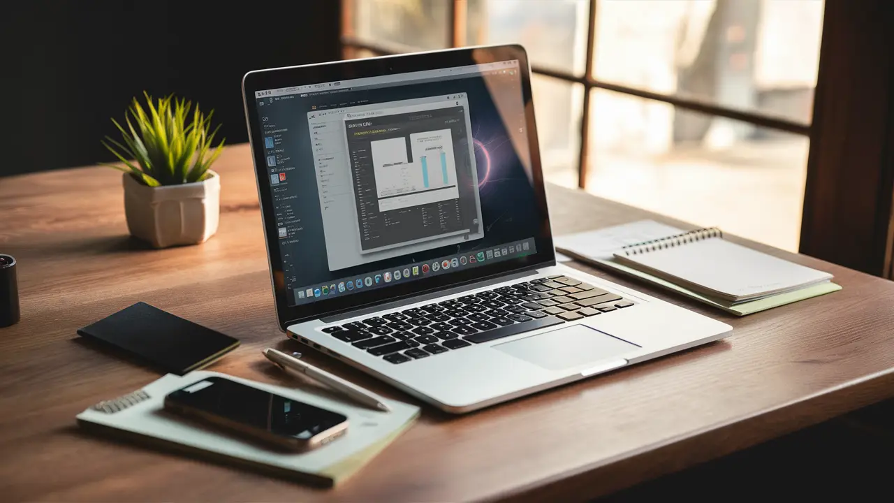 Laptop com software de automação na tela, cercado por smartphone, caderno, caneta e planta em mesa de madeira.