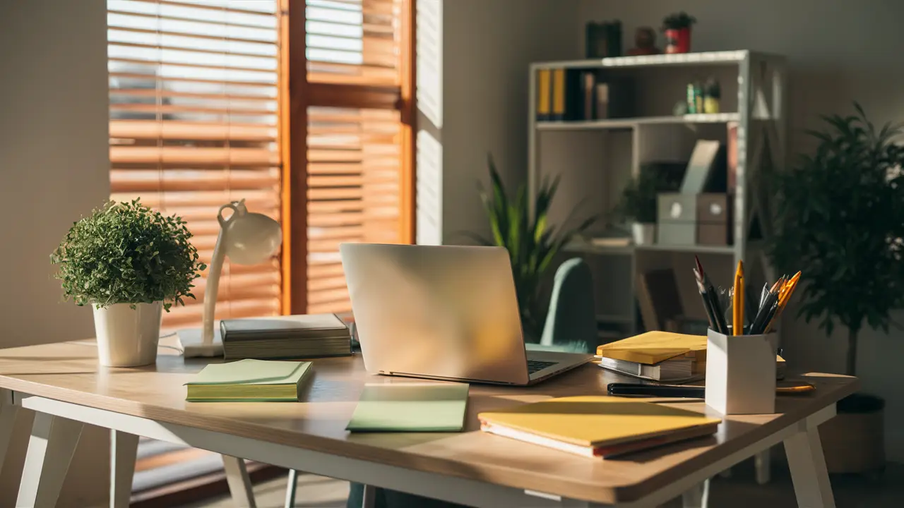 Escritório organizado com laptop e notas em uma mesa de madeira, planta em vaso e luz solar entrando pela janela.
