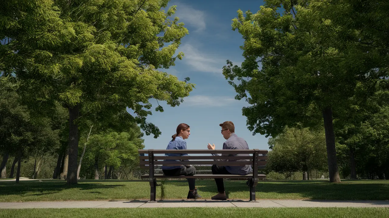 Duas pessoas conversando em um banco de parque cercado por árvores verdes.