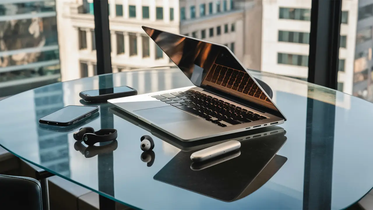 Dispositivos tecnológicos modernos em uma mesa de vidro em um escritório com vista da cidade ao fundo.