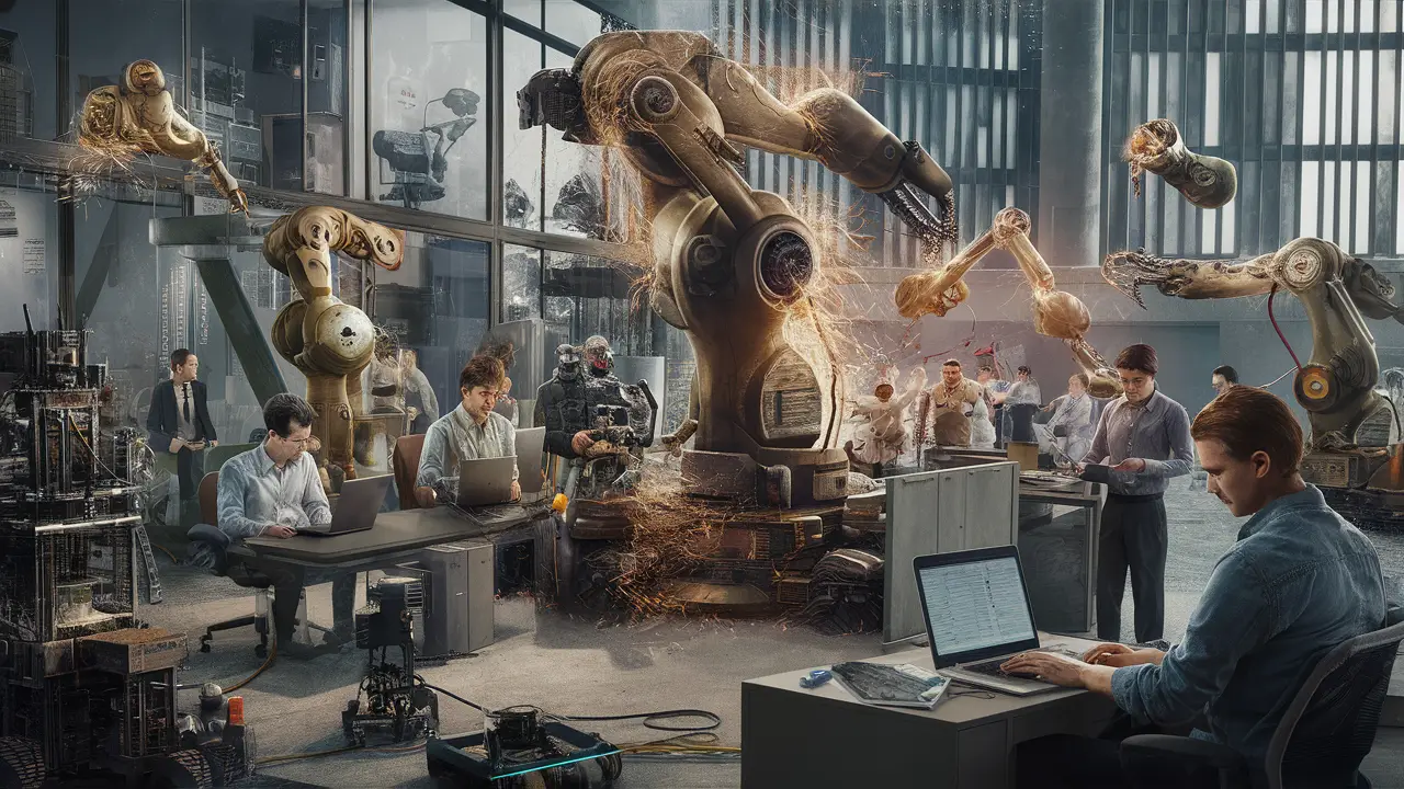 Robôs e máquinas em um escritório moderno, alguns com falhas, enquanto trabalhadores humanos observam e resolvem problemas.