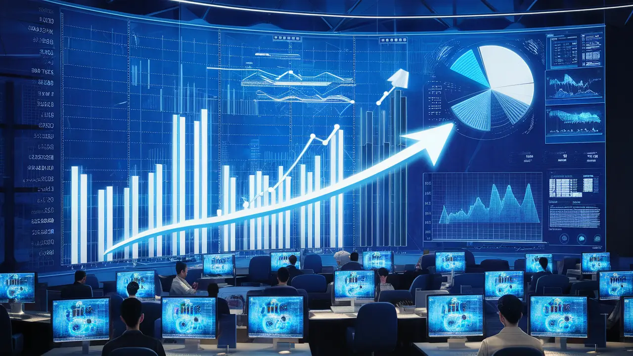 Escritório moderno com tela digital exibindo gráficos e pessoas trabalhando em computadores com telas azuis brilhantes.