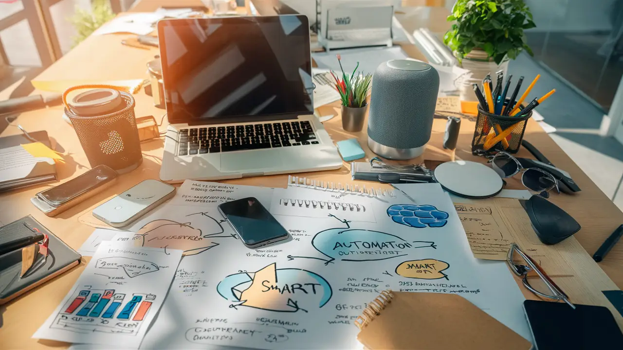 Ferramentas de automação em uma mesa de escritório, incluindo laptop, smartphone e dispositivo de assistente inteligente.