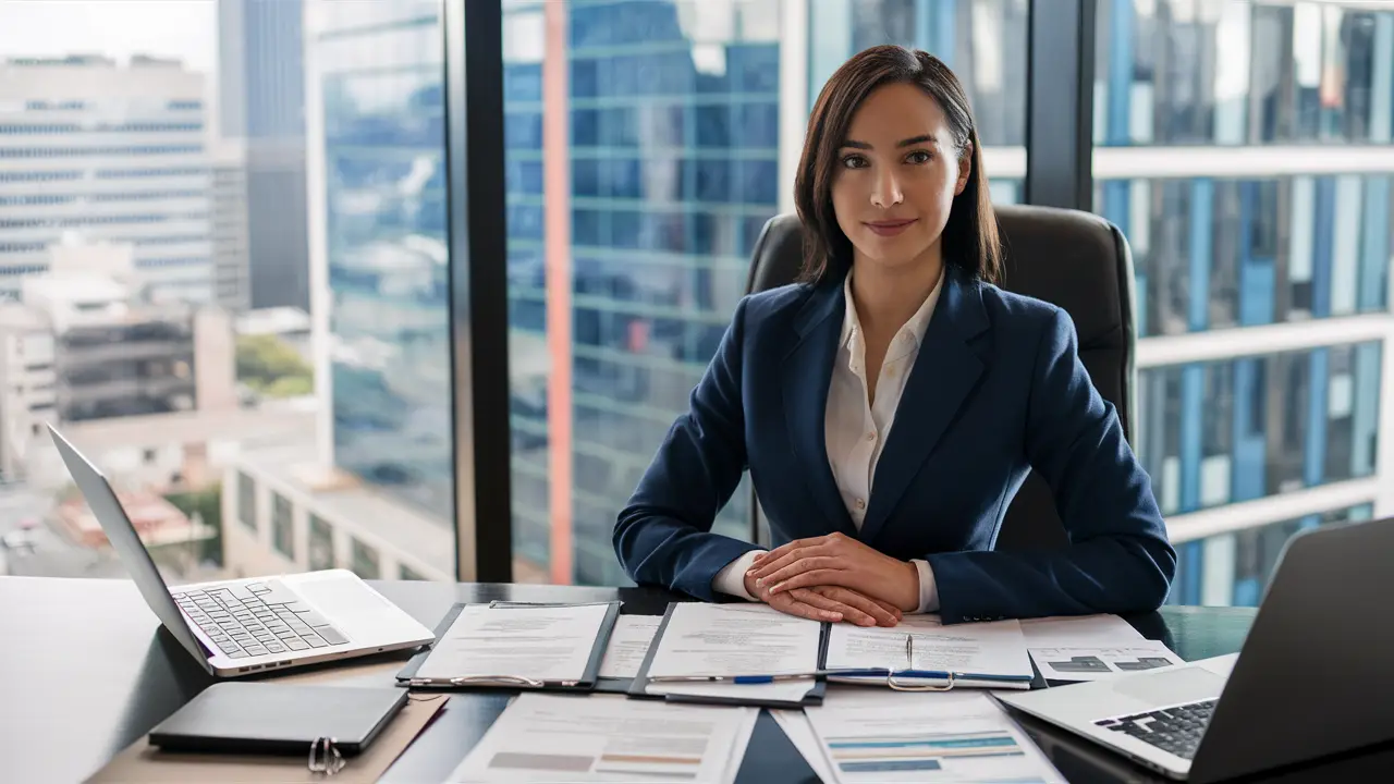 Mulher de negócios em escritório moderno com documentos e laptop, vista para a cidade ao fundo.
