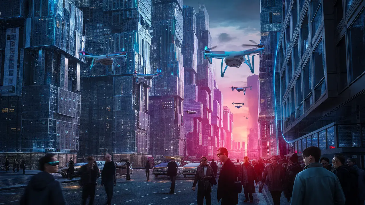 Cidade futurista com arranha-céus de vidro e aço, drones voadores e pessoas com óculos de realidade aumentada.