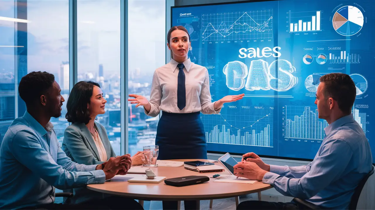 Pessoa apresentando um pitch de vendas em um escritório moderno, com gráficos em tela digital e pessoas atentas ao redor de uma mesa.