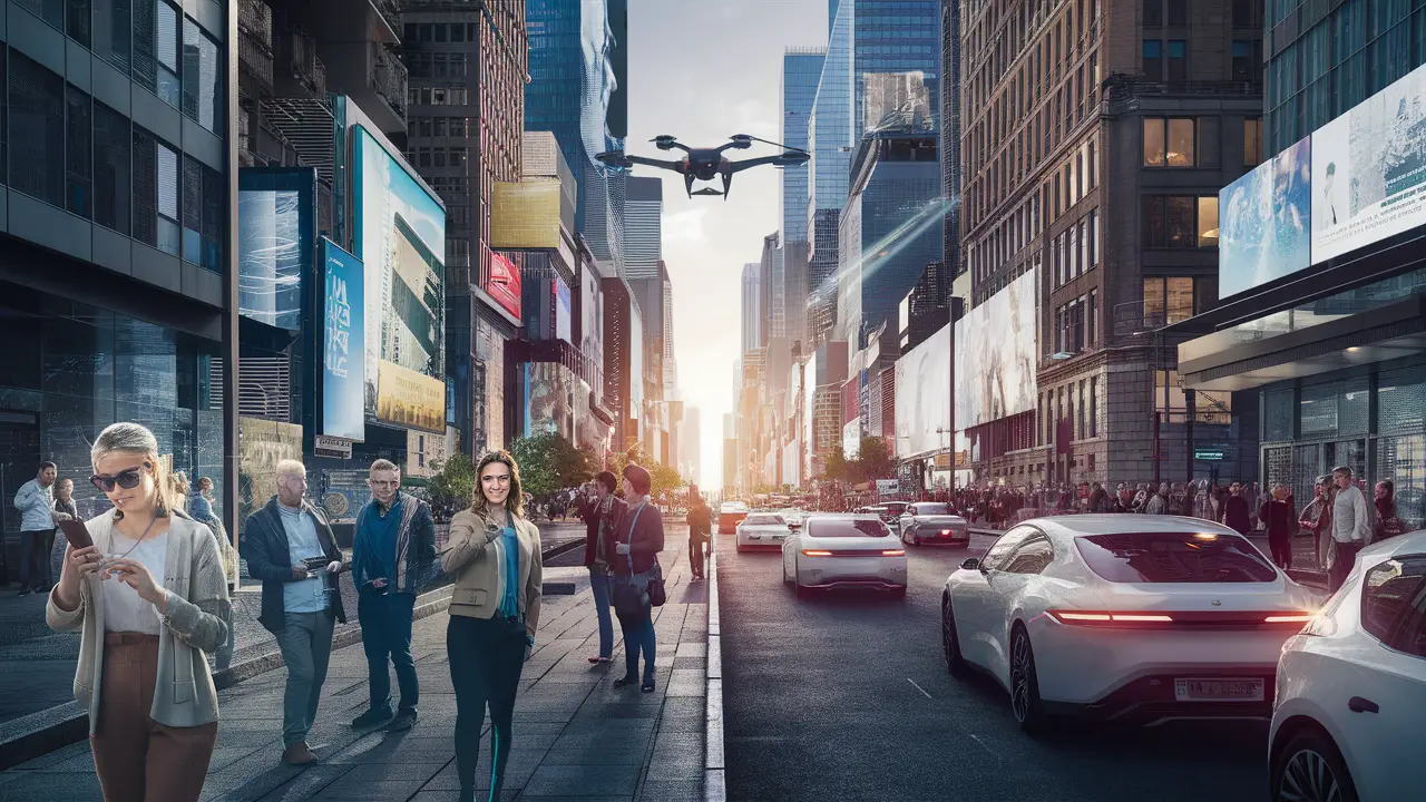 Rua futurista com pessoas usando óculos de realidade aumentada e smartphones holográficos.