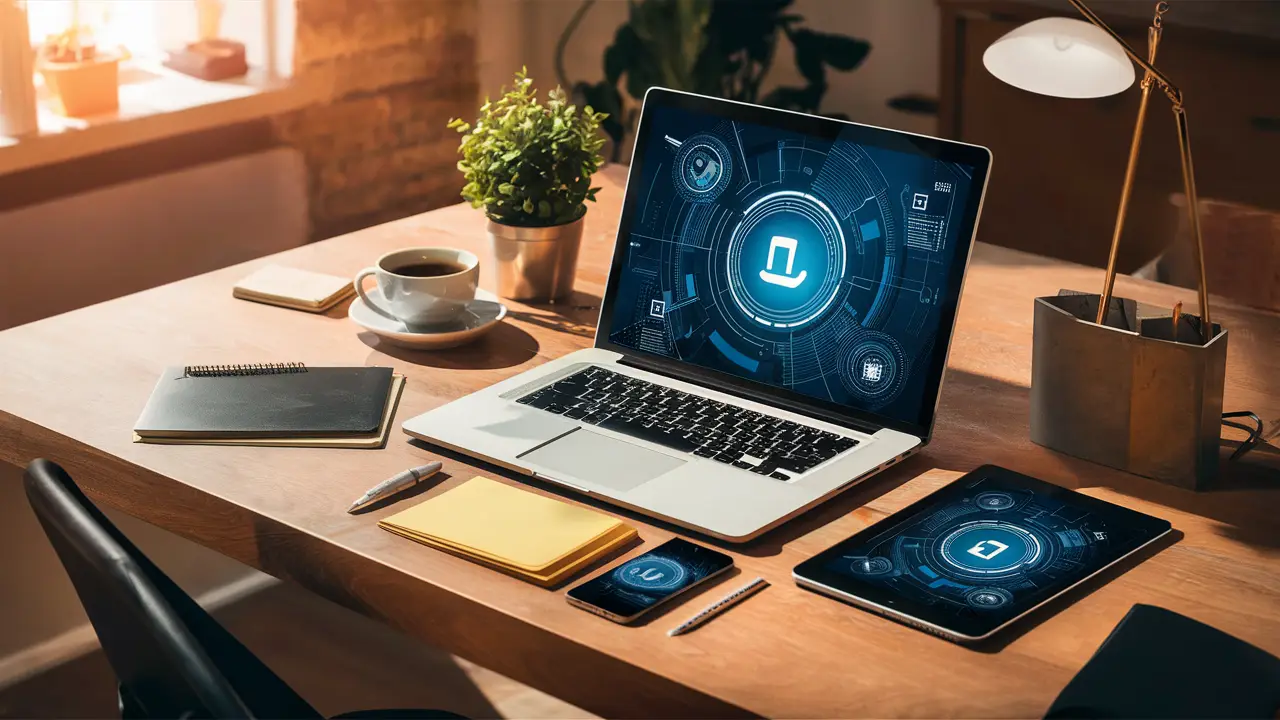 Espaço de trabalho digital com laptop, smartphone, e tablet em uma mesa de madeira, cercado por xícara de café, planta e bloco de notas.