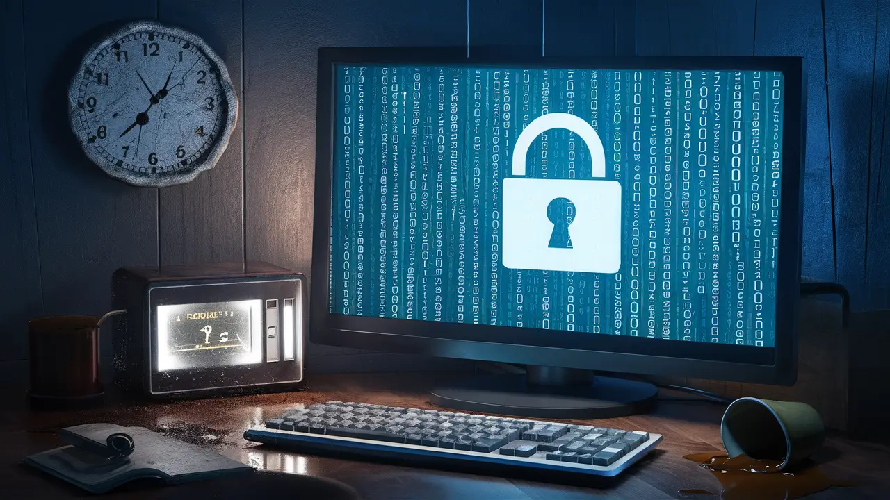 Tela de computador mostrando ícone de cadeado com código binário em quarto escuro.