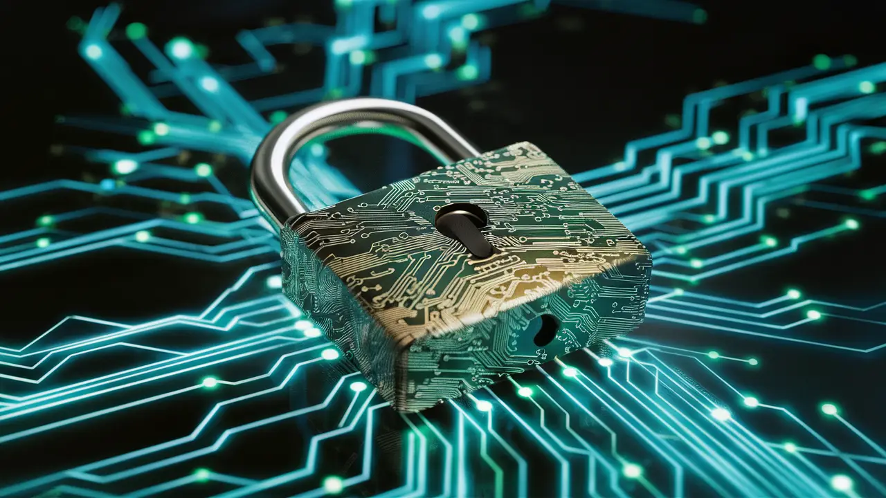 Cadeado de aço grande com padrões de circuitos em rede digital brilhante azul e verde.