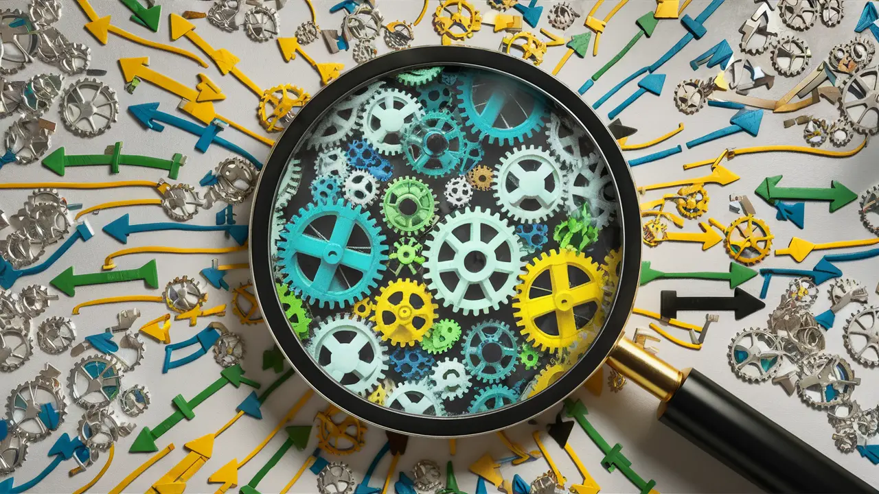 Uma lupa gigante focando em engrenagens e setas coloridas interconectadas em um fundo branco.