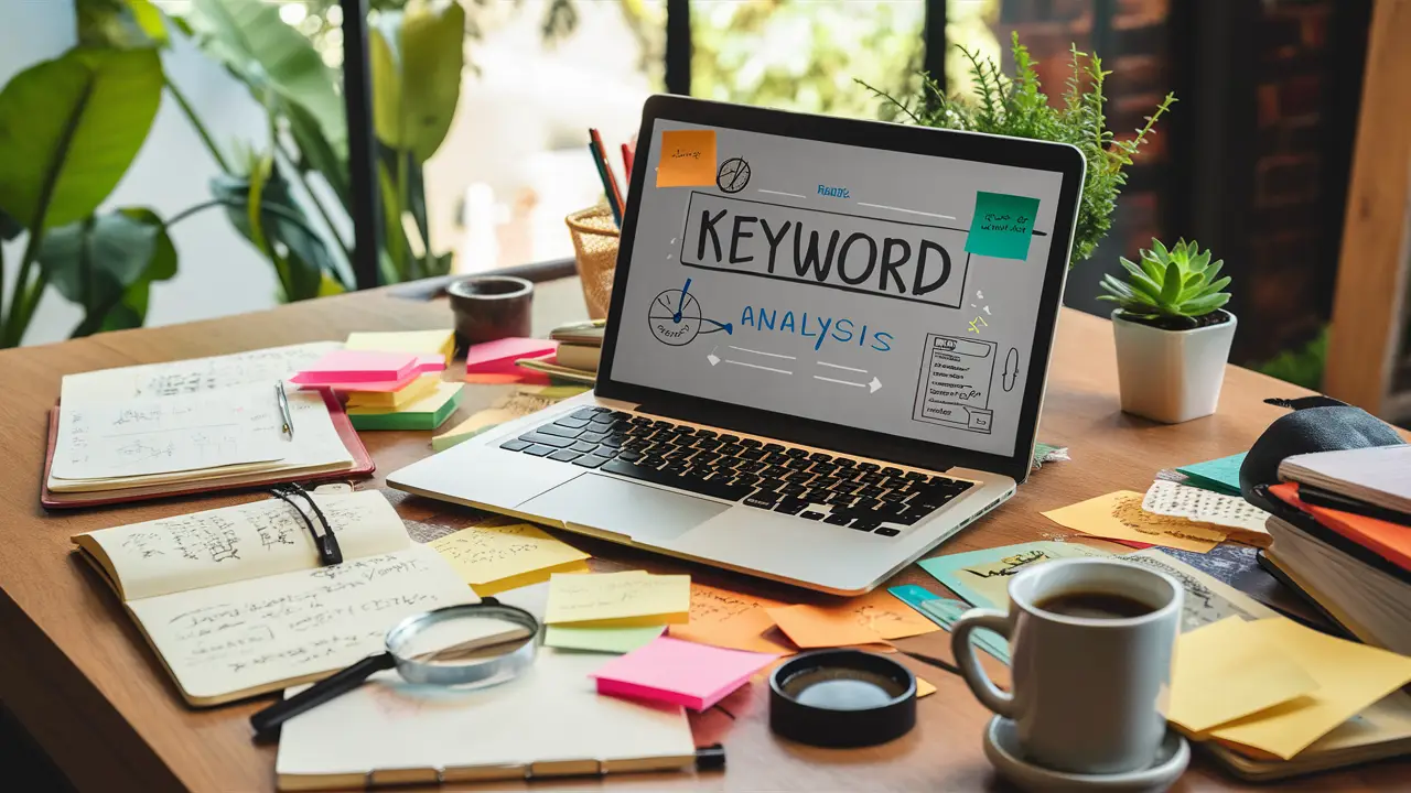 Mesa de madeira com laptop aberto em ferramenta de análise de palavras-chave e notas adesivas coloridas.