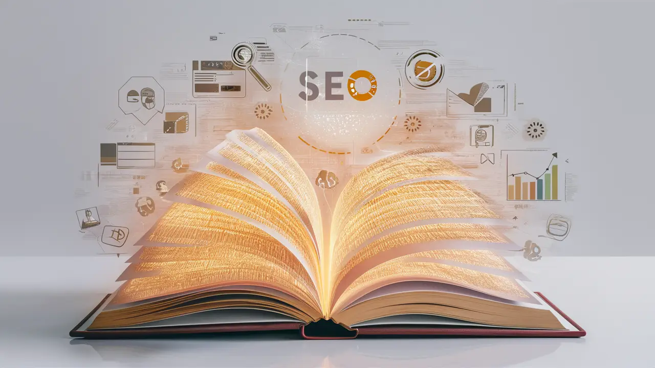 Livro aberto com páginas de código digital e ícones de SEO flutuando ao redor, em fundo branco.