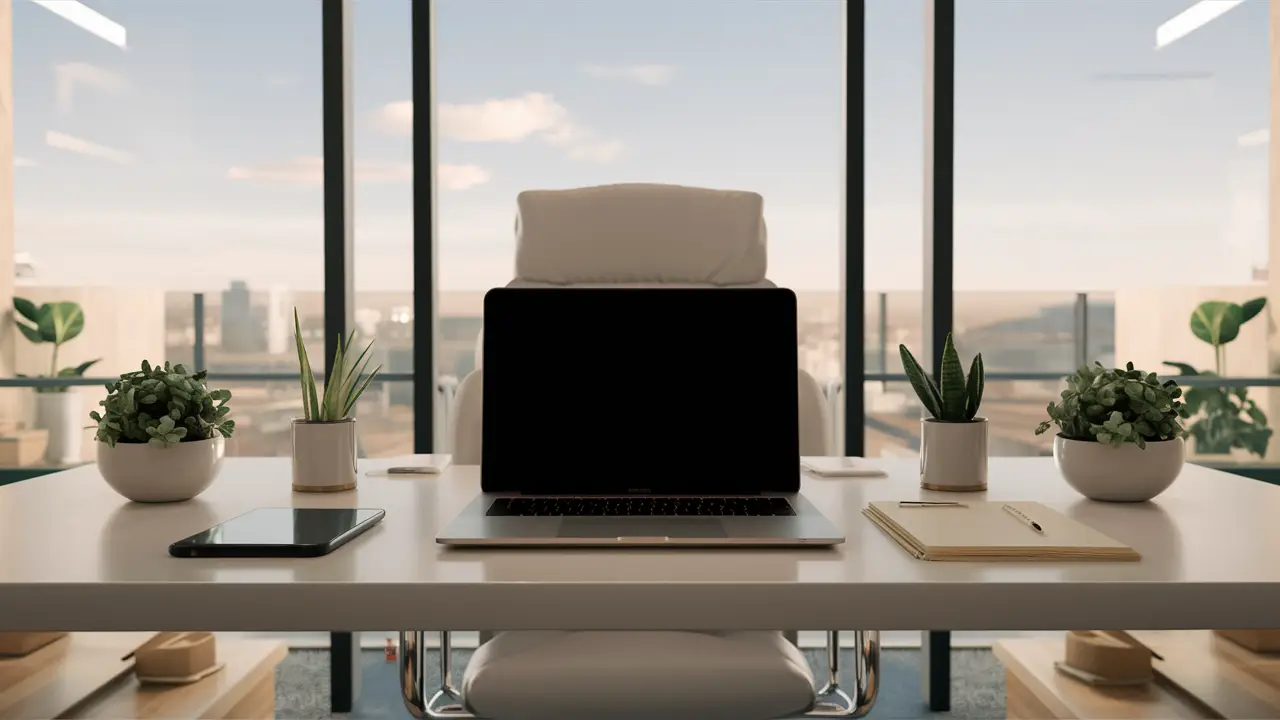 Mesa de escritório moderna com laptop, smartphone e bloco de notas, cercada por plantas em vasos pequenos, com janela ao fundo.
