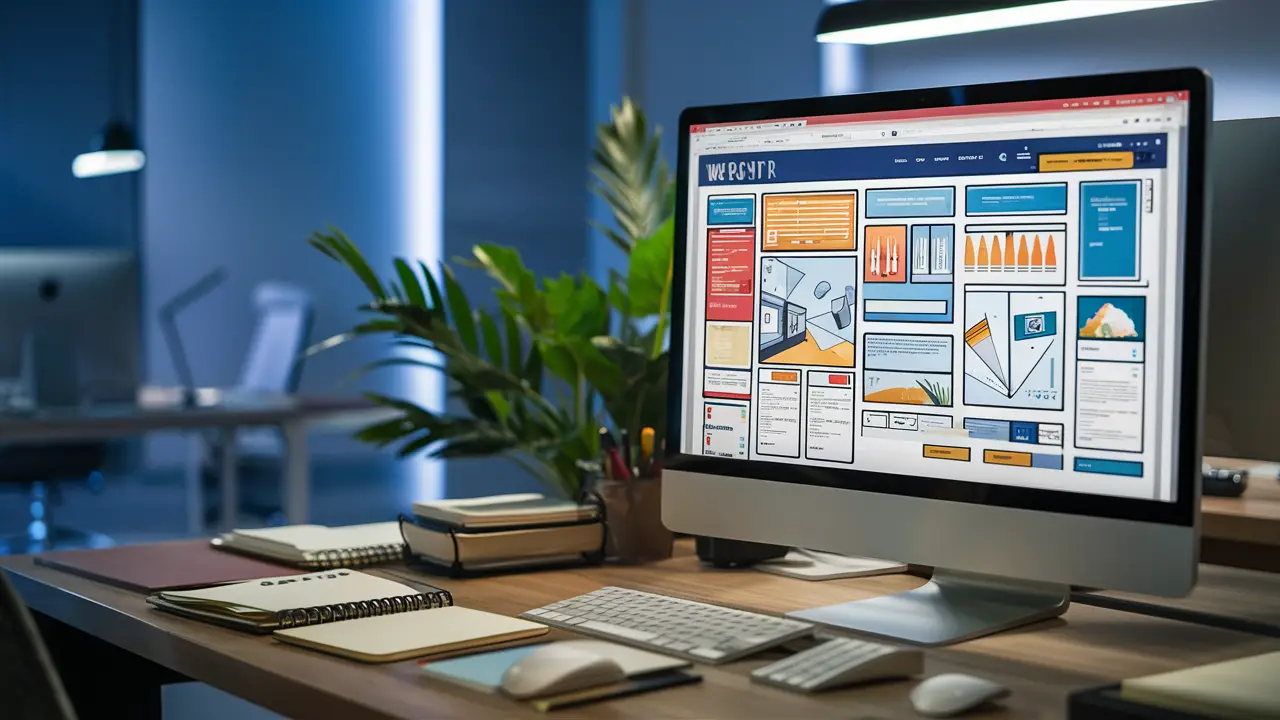 Tela de computador mostrando layout de página web com seções destacadas, em um escritório moderno com planta decorativa.