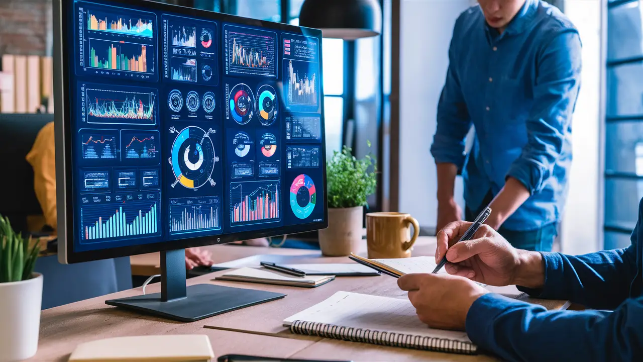 Pessoa analisando gráficos coloridos em um monitor grande, com anotações ao lado e um café na mesa.