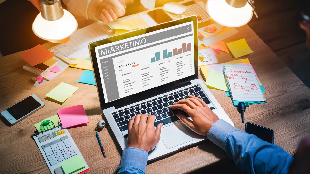 Ambiente de trabalho digital com laptop exibindo painel de marketing e notas adesivas coloridas em mesa de madeira.