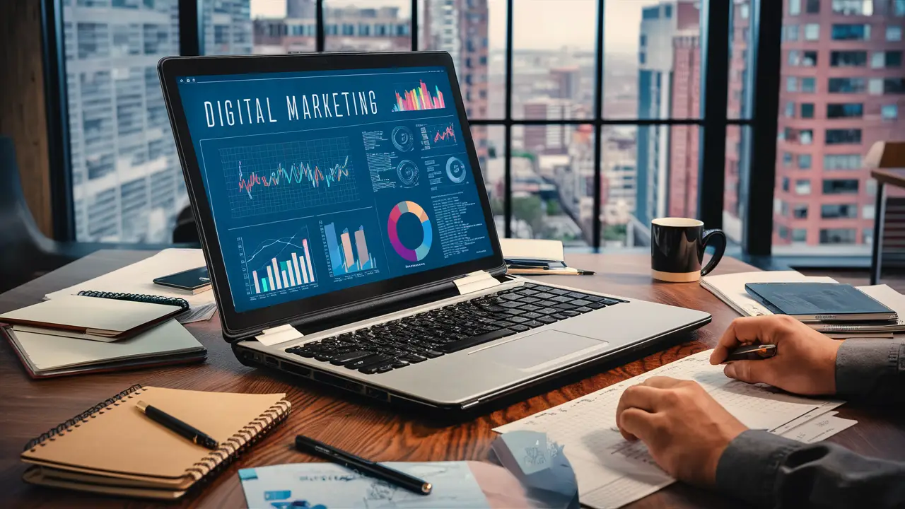 Laptop aberto com dashboard de marketing digital, gráficos coloridos e itens de escritório em mesa de madeira.