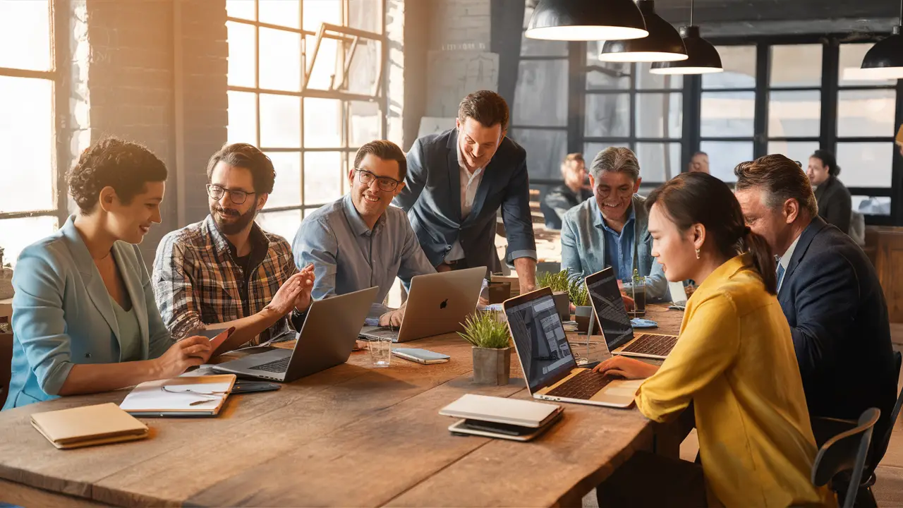 Profissionais diversos colaborando em uma mesa de madeira com laptops e cadernos em um escritório iluminado.