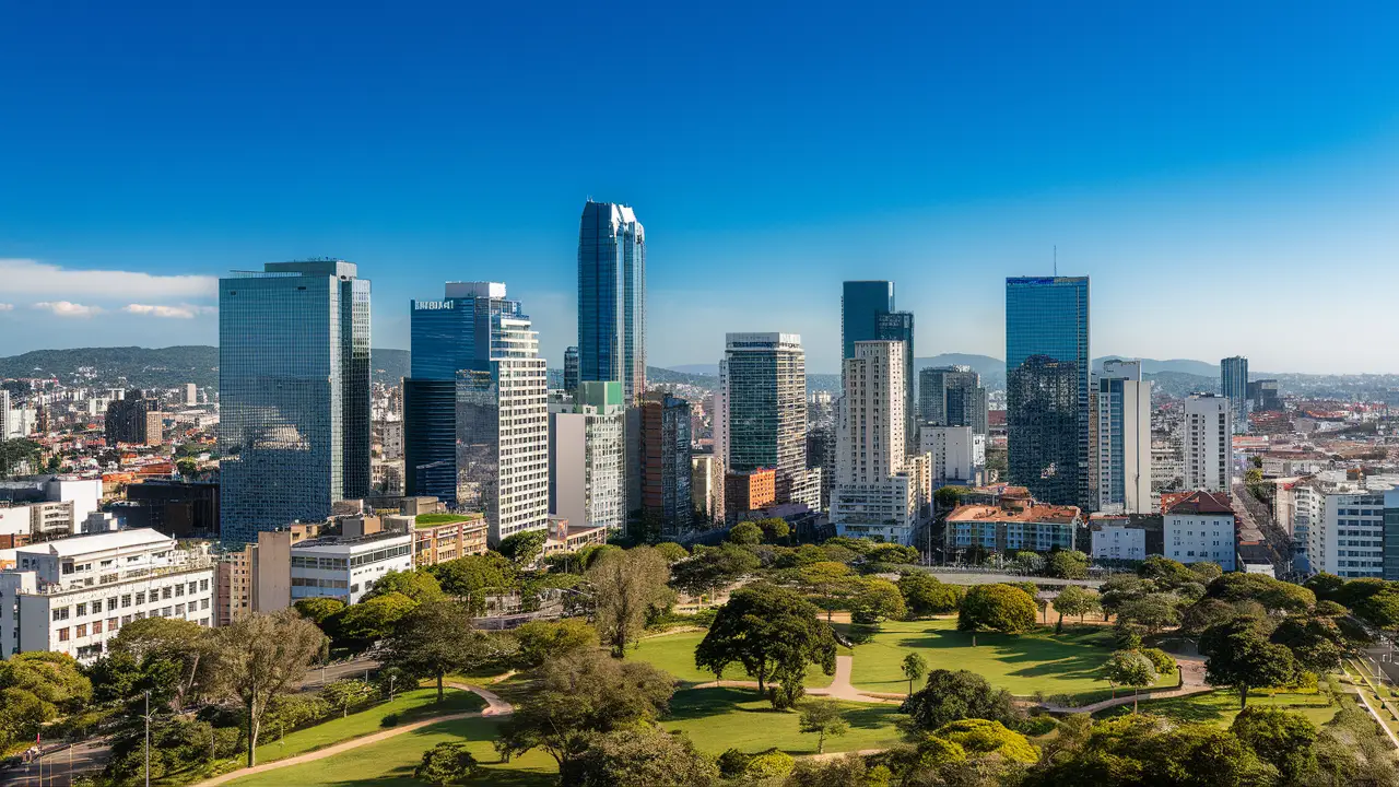 Vista aérea de Curitiba com edifícios modernos, parques verdes e ruas movimentadas sob um céu azul claro.