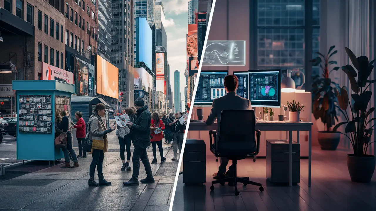 Painel dividido mostrando rua movimentada com publicidade e escritório calmo com análise de dados em computador.