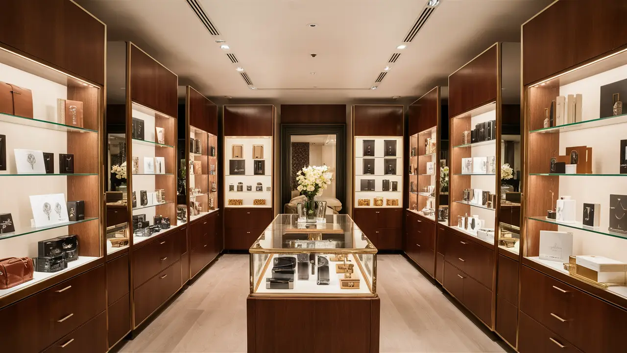 Interior de uma boutique elegante com produtos expostos em prateleiras de madeira e vitrines de vidro.