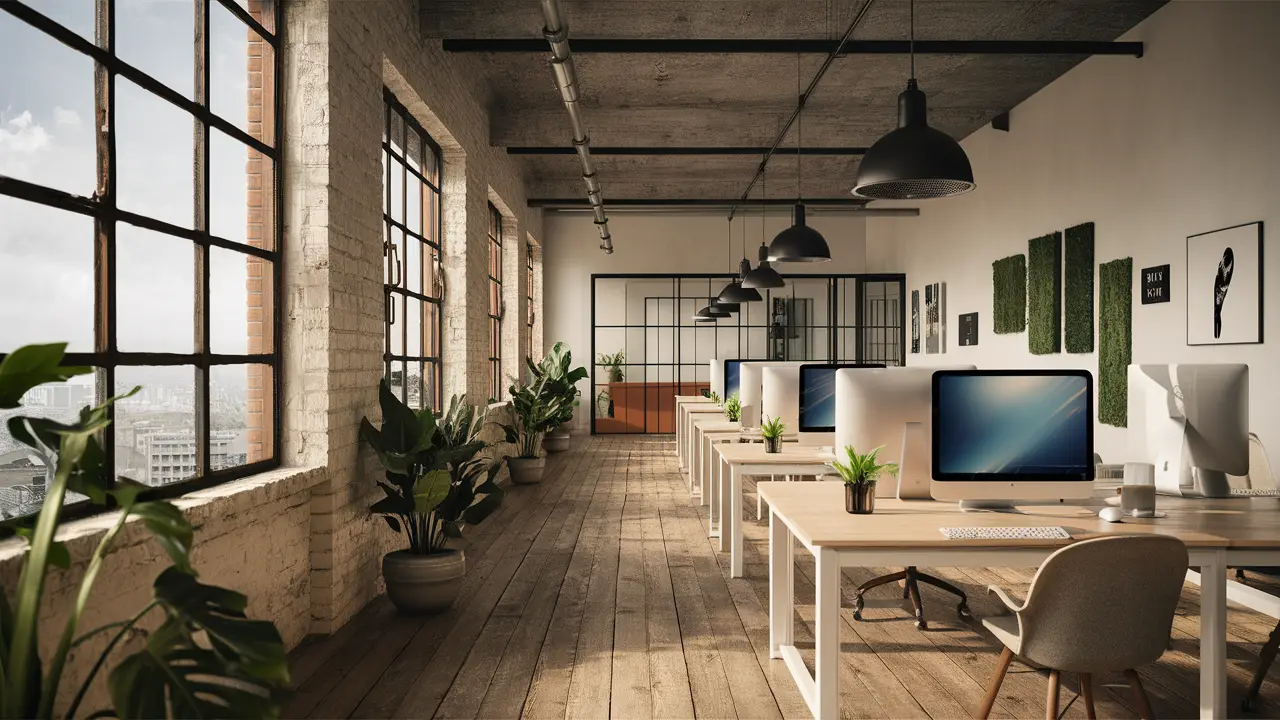 Escritório de marketing em Curitiba com janelas grandes, mesas de madeira, computadores e plantas verdes.