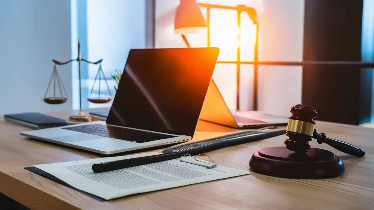 Laptop aberto em documento jurídico, martelo e balança da justiça em mesa de escritório moderna bem iluminada.
