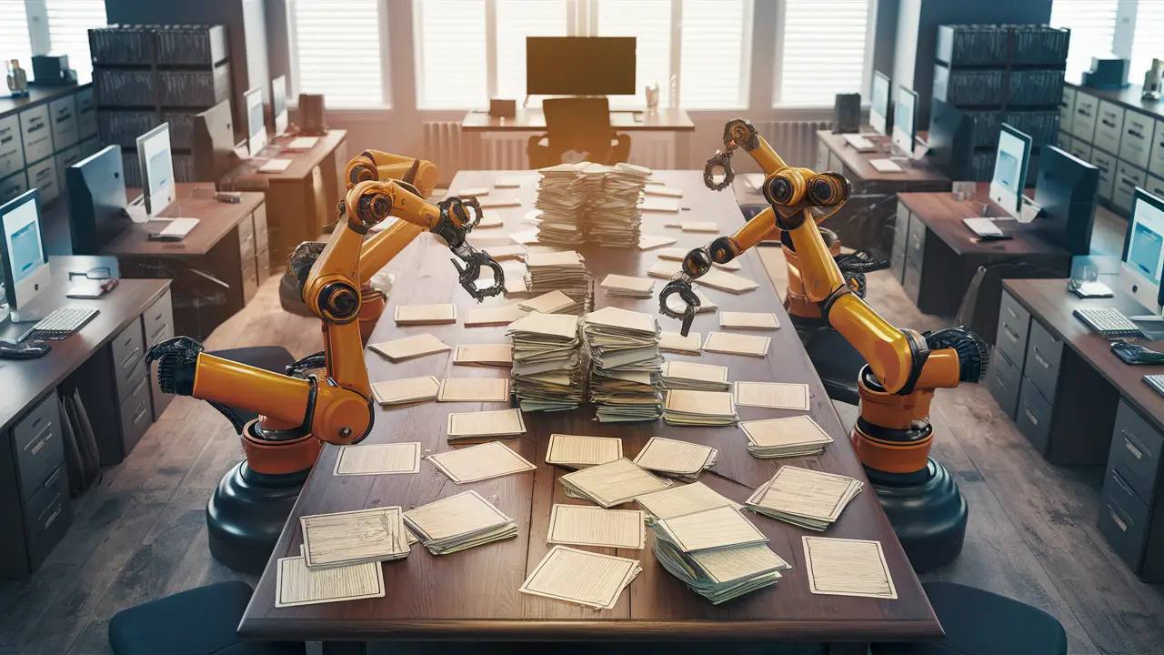Escritório de advocacia moderno com braços robóticos automatizados organizando documentos legais em uma mesa.