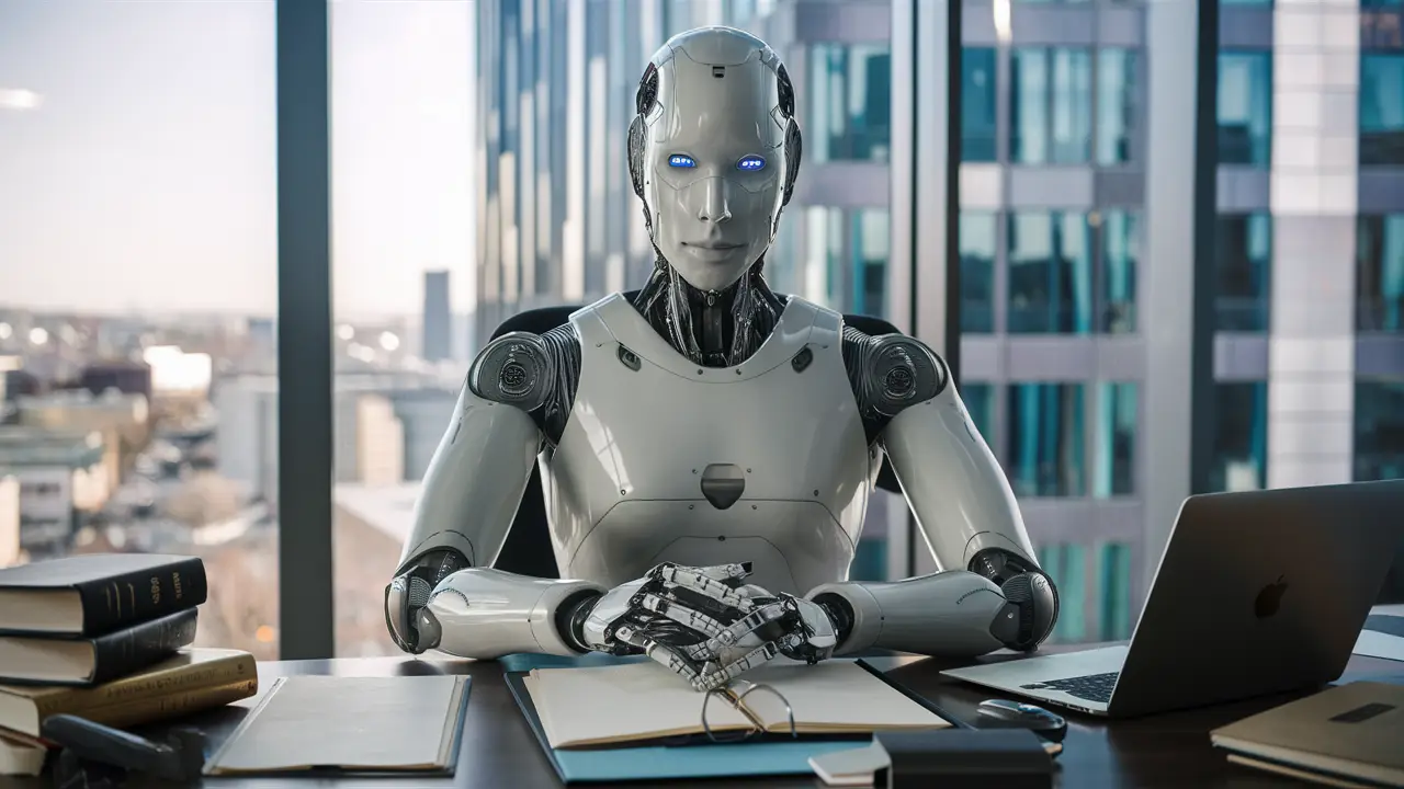 Robô humanoide metálico em escritório jurídico moderno com livros legais, laptop e janela com vista da cidade.