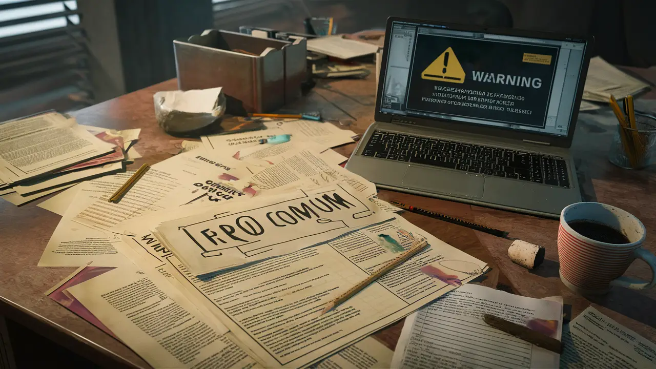 Uma mesa de escritório desorganizada com papéis, laptop com aviso, lápis quebrado e caneca de café.