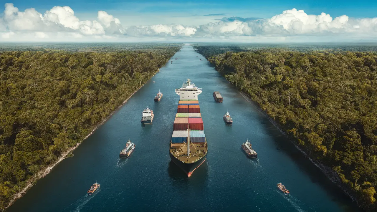 Vista aérea da floresta amazônica com rio largo e navios de carga em trânsito.