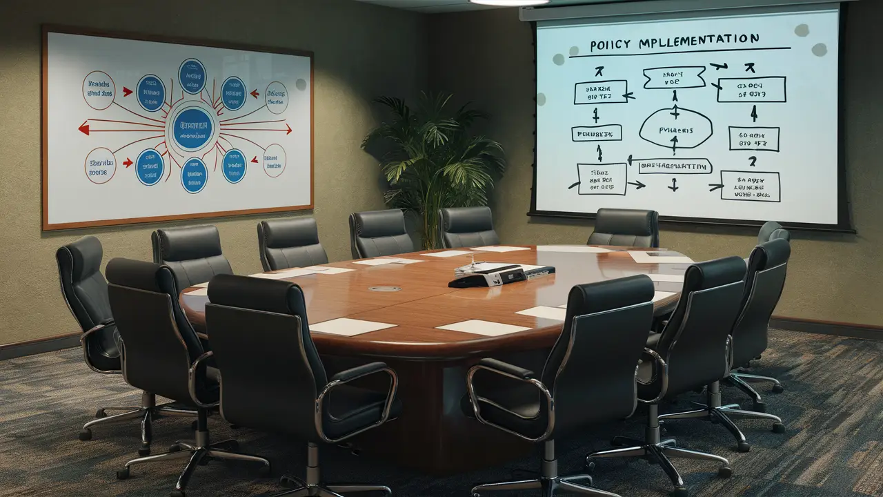 Sala de conferência com mesa de madeira, cadeiras pretas, quadro branco com diagrama, tela de projeção e planta no canto.