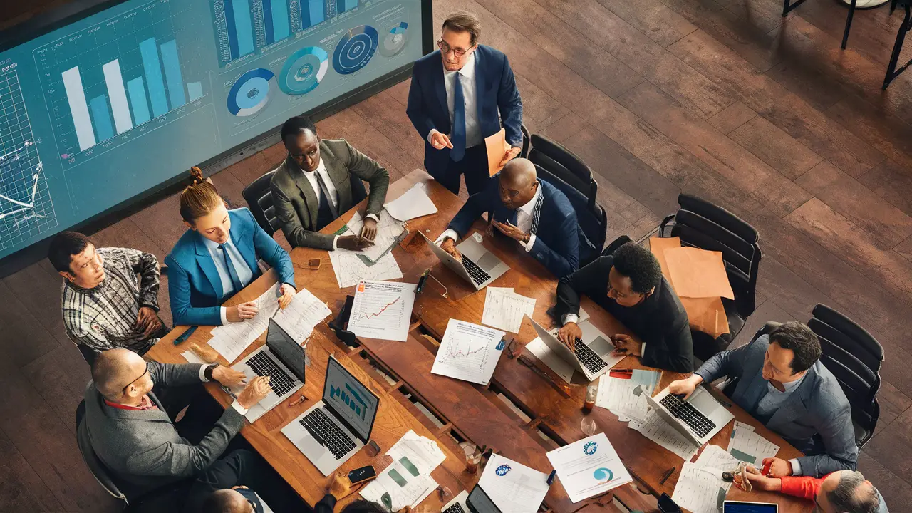 Pessoas em uma sala de reunião analisando gráficos em laptops e uma tela digital.