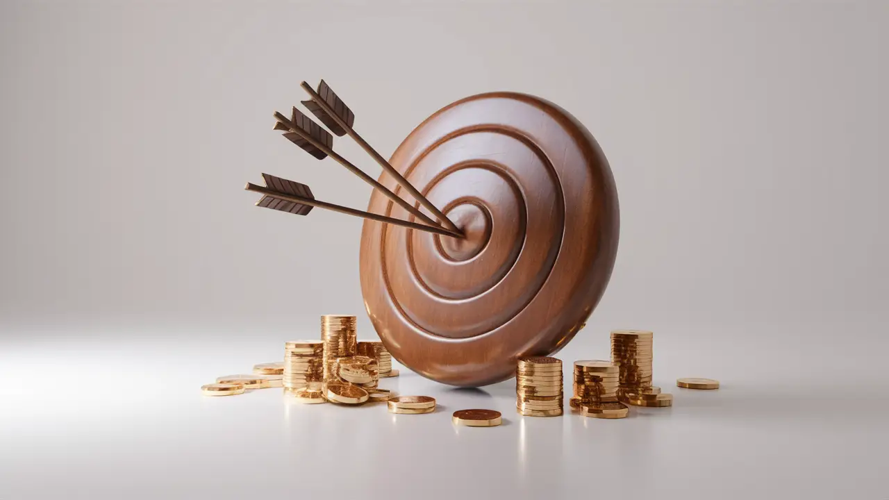 Alvo de madeira com flechas no centro e pilhas de moedas de ouro ao redor em fundo branco.