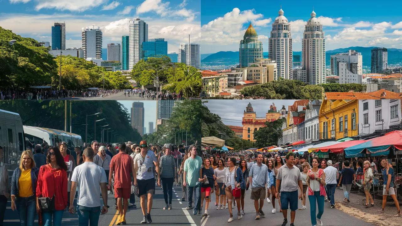 Pessoas caminhando em ruas movimentadas de Curitiba e São Paulo, com arranha-céus modernos e árvores verdes.