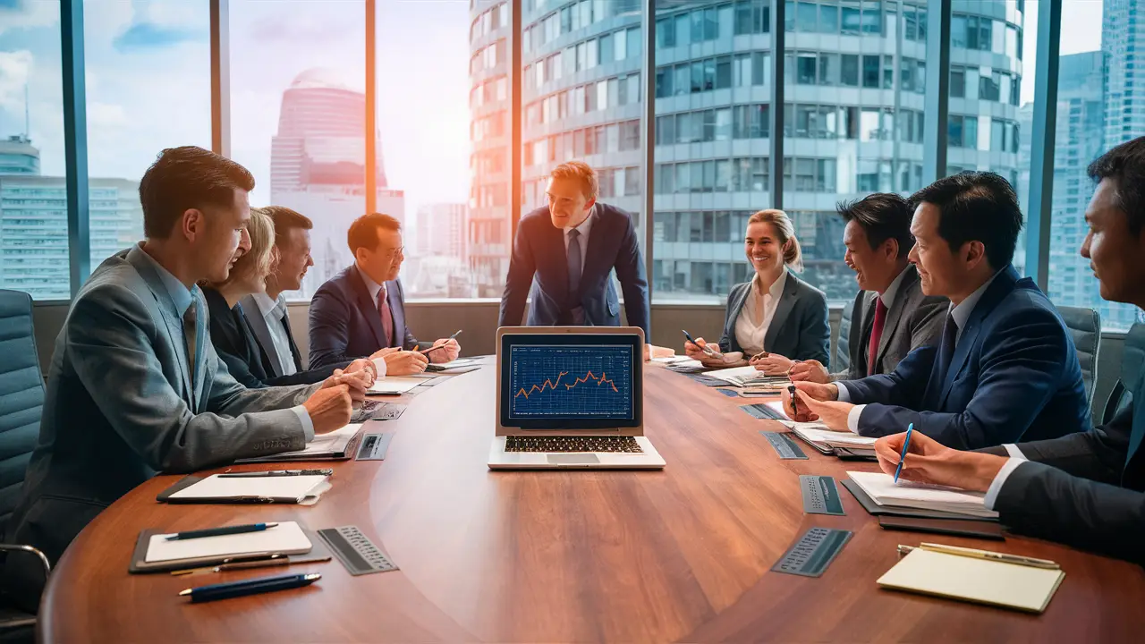 Profissionais em torno de uma mesa de conferência com laptop e gráficos, com vista para a cidade ao fundo.