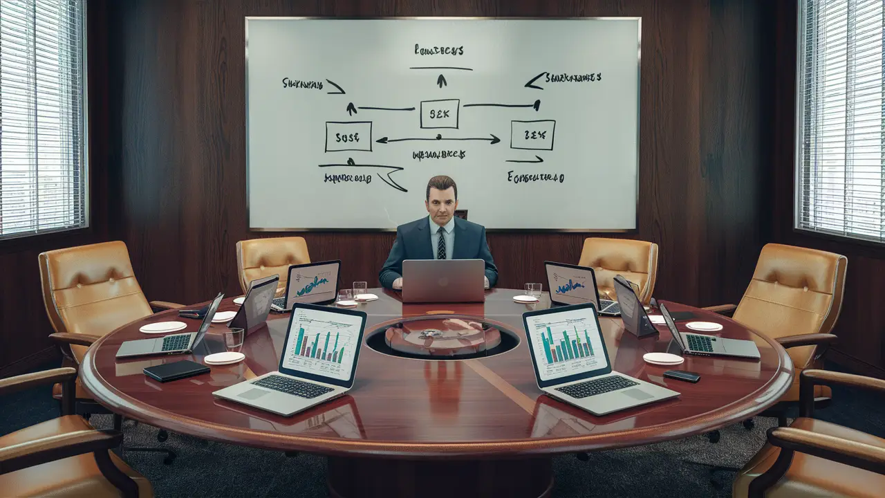 Sala de reunião com mesa redonda, laptops abertos exibindo gráficos e quadro branco com fluxograma na parede.