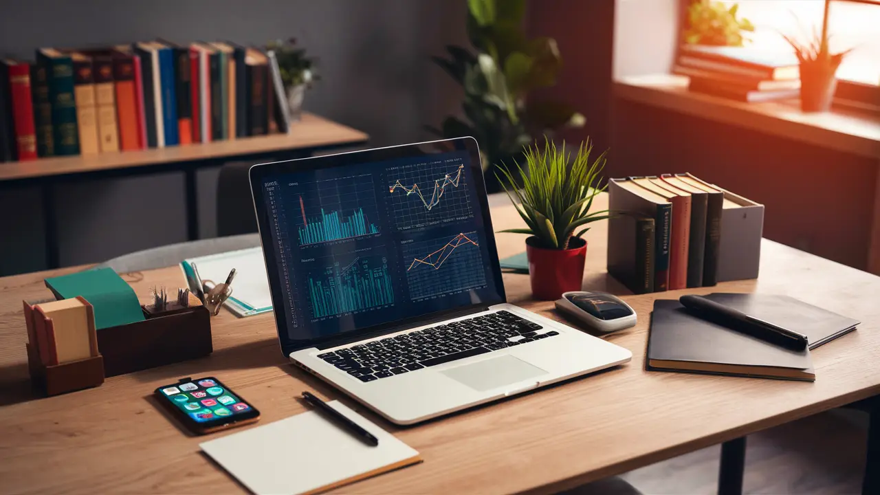 Mesa de escritório com laptop mostrando gráficos, smartphone com ícones de redes sociais, bloco de notas e planta.