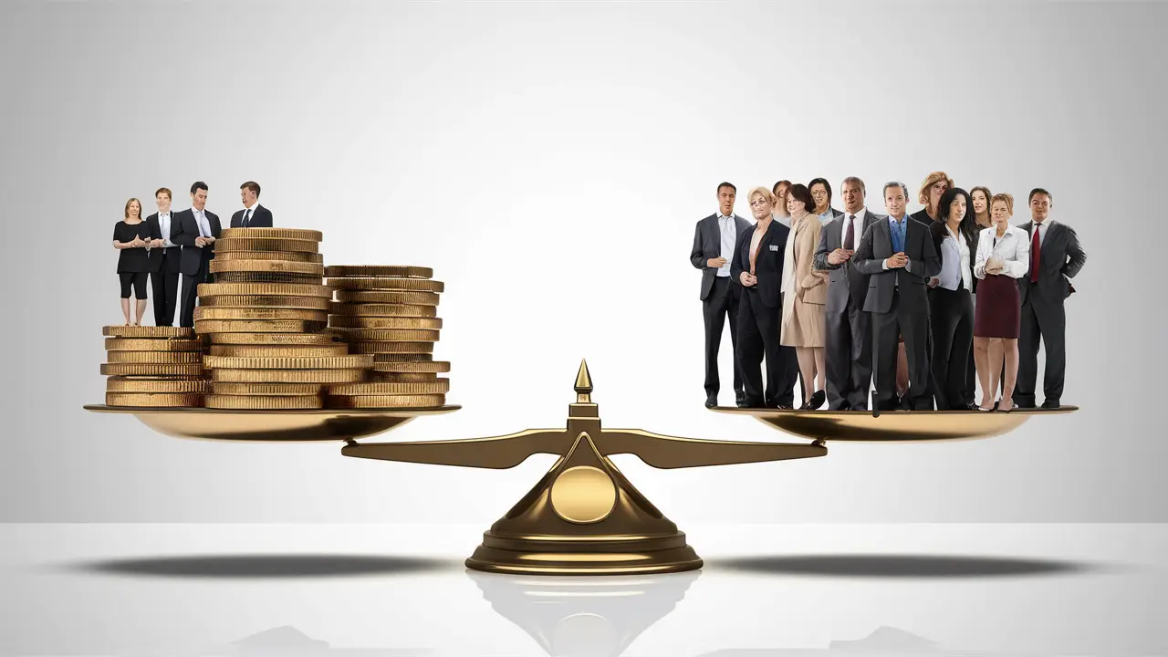 Balança com moedas de ouro de um lado e grupo de pessoas do outro, simbolizando medição de qualidade de leads.